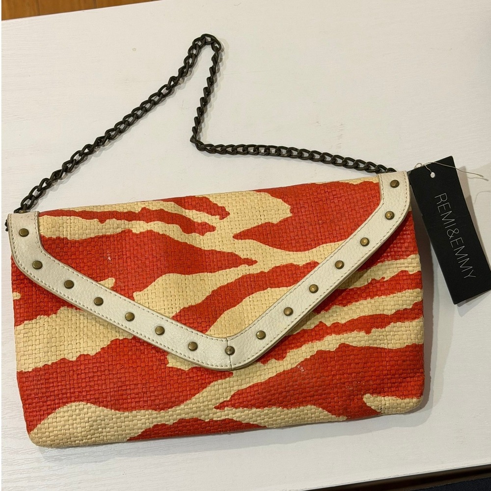 Remi & Emmy Orange Zebra Woven Straw Envelope‎ Clutch Studded Chain Strap NWT